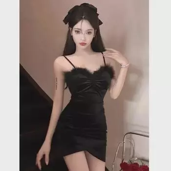 Сексуальное бархатное красное рождественское платье с V-образным вырезом: Юбка осень/зима Hot Girl с меховой отделкой Medium чёрный