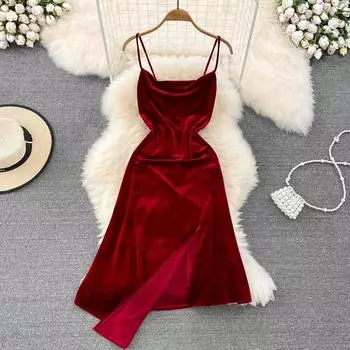 Сексуальное бархатное платье с разрезом, юбка-свитер, тонкая талия, нерегулярное платье с лямкой на шее