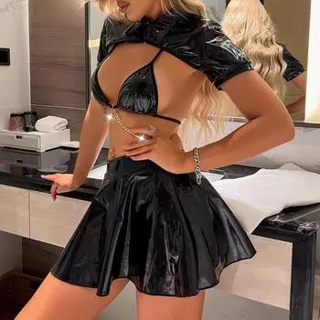 Сексуальное белье сексуальное женское черное лакированное кожаное ночное клубное униформа косплей костюм S