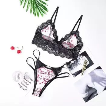 Сексуальное белье, сексуальное женское черное нижнее белье с принтом на подтяжках, комплект из двух предметов S
