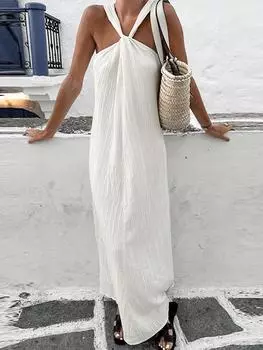 Сексуальное белое длинное платье с открытыми плечами, женская мода, элегантное однотонное вечернее платье без рукавов, женское шикарное летнее пляжное платье с открытой спиной Y2k M слоновая кость