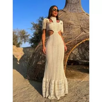 Сексуальное белое кружевное женское платье с водолазкой и рукавами кисточками, тонкое длинное платье с обнаженной талией, летнее пляжное женское вязаное платье XS белый