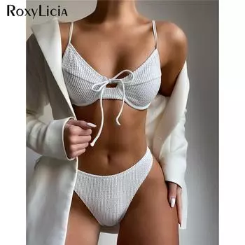 Сексуальное белое морщинистое бикини со средней талией, женские купальники, женский купальник, комплект бикини из двух частей, купальный костюм для плавания S белый
