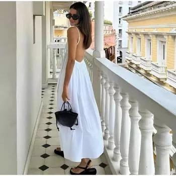 Сексуальное белое платье на бретельках с открытой спиной, женское, с V-образным вырезом и высокой талией, свободное, длинное, однотонное, летнее, женское, клубное, праздничное платье XS белый