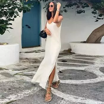 Сексуальное белое платье-слинг с разрезом, женское, элегантное, свободное, с V-образным вырезом, без спинки, без рукавов, длинное, летнее, женское, пляжное, для отдыха S белый