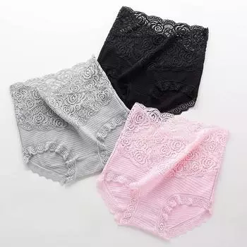 Сексуальное бесшовное нижнее белье с высокой талией для женщин из чистого хлопка с кружевными краями, утягивающее талию, нижнее белье большого размера L серебряный серый