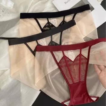 Сексуальное бесшовное нижнее белье женские тонкие атласные сексуальные сетчатые быстросохнущие кружевные трусы со средней талией треугольные трусики one size чёрный