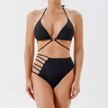 Сексуальное бикини 2024, женский купальник с лямкой на шее, крест-накрест, пуш-ап, купальник из двух частей S чёрный