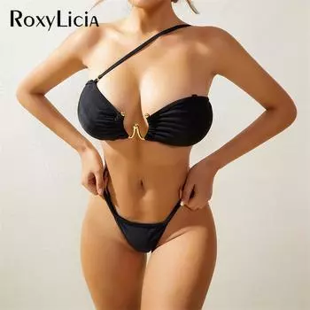 Сексуальное бикини-бандо с металлическим кольцом, женский купальник с высоким вырезом, женский купальник, комплект бикини из двух частей, купальный костюм, купальный костюм для леди S чёрный