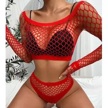 Сексуальное бикини, кружевное боди, женский комплект Тедди, купальный костюм, сетчатый вязаный крючком купальник с длинными рукавами, прозрачная пляжная одежда Qq538 One size