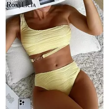 Сексуальное бикини на одно плечо с морщинистым металлическим кольцом, женские купальники, женский купальник, комплект бикини из двух частей, купальный костюм для плавания S светло-желтого