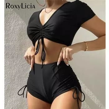 Сексуальное бикини на шнуровке с коротким рукавом и высокой талией, женский купальник, женский купальник, комплект бикини из двух частей, купальный костюм для плавания S чёрный