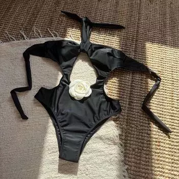 Сексуальное бикини на шнуровке с вырезами, женский раздельный купальник с цветочным принтом, бикини с высокой талией для пляжа, новый летний купальник, слитный купальник S чёрный