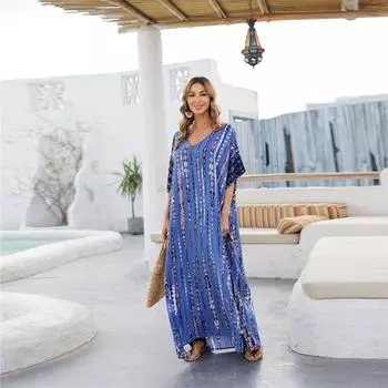 Сексуальное бикини, накидка, богемное печатное женское пляжное платье, купальный костюм, накидка, летняя туника для женщин, пляжная одежда, кафтан One Size шар голубой