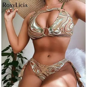 Сексуальное бикини с асимметричным принтом и вырезами, женский купальник, женский купальник, комплект из двух частей, купальный костюм, купальный костюм для леди S коричневый