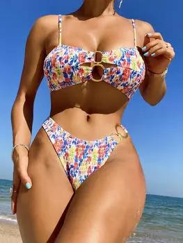 Сексуальное бикини с цветочным принтом, женский купальник с высокой талией, женский купальник-бандо, комплект бикини, летние купальные костюмы с эффектом пуш-ап S цветочные печати