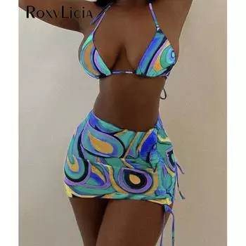 Сексуальное бикини с принтом и принтом, женский купальник, женский купальник, комплект бикини из трех частей, купальный костюм для плавания S синий