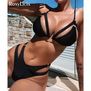 Сексуальное бикини с вырезами на бретельках и высоким вырезом, женские купальники, женский купальник, комплект из двух частей, купальный костюм, купальный костюм для женщин S чёрный