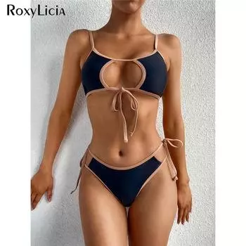 Сексуальное бикини с вырезами, женские купальники, женский купальник, комплект из двух частей, комплект бикини со средней талией, купальный костюм, купальный костюм для леди S чёрный