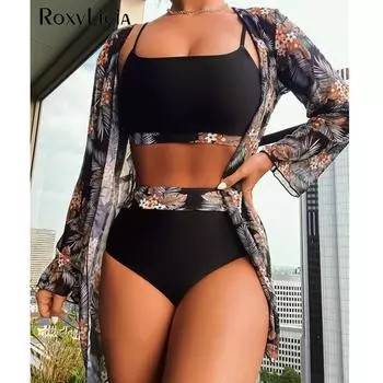 Сексуальное бикини с высокой талией и цветочным принтом, женский купальник, женский купальник, комплект из трех частей, комплект бикини с накидкой, купальный костюм для плавания S синий