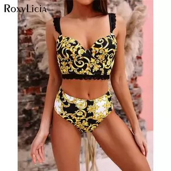 Сексуальное бикини с высокой талией, женский купальник, женский купальник из двух частей, комплект бикини с кружевными бретельками, купальный костюм S