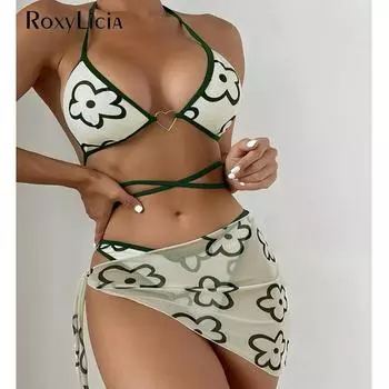 Сексуальное бикини с запахом и цветочным принтом, женские купальники, женский купальник, комплект бикини из трех частей с саронгом, купальный костюм для плавания S чёрный