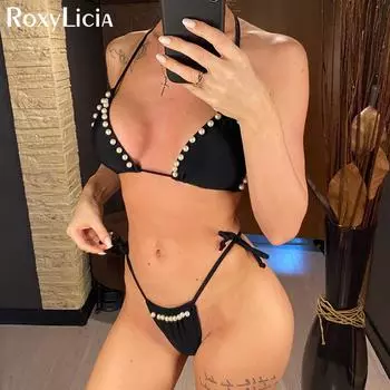 Сексуальное бикини с жемчугом на бретельках, женский купальник, женский купальник из двух частей, комплект бикини, купальный костюм, купальный костюм для леди S чёрный