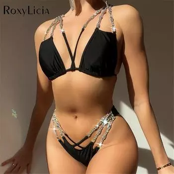 Сексуальное бикини со стразами, женские купальники, женский купальник, комплект бикини из двух частей, купальный костюм, купальный костюм для леди S чёрный