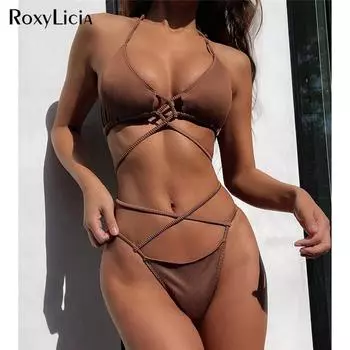 Сексуальное бикини в рубчик с лямкой на шее, женские купальники, женский купальник, комплект из двух частей, комплект бикини с запахом, купальный костюм для плавания S кофейный