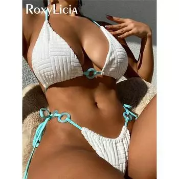 Сексуальное бикини в рубчик с лямкой на шее, женские купальники, женский купальник, комплект бикини из двух частей, мягкий купальный костюм для купания S белый