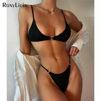 Сексуальное бикини в рубчик с высоким вырезом, женские купальники, женский купальник, комплект бикини из двух частей, стринги, купальный костюм для плавания S чёрный