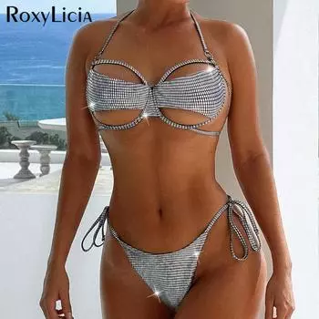 Сексуальное блестящее бикини на косточках с вырезами, женские купальники, женский купальник, комплект бикини из двух частей, купальный костюм для плавания S серебряный