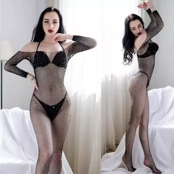 Сексуальное блестящее полое боди с длинными рукавами, женское белье больших размеров, женские ажурные костюмы, черные сетчатые чулки, боди, костюм