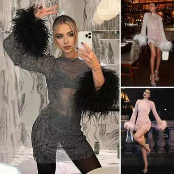 Сексуальное блестящее вечернее платье с меховой отделкой на манжетах, круглым вырезом, длинными рукавами, прозрачным облегающим платьем S розовый