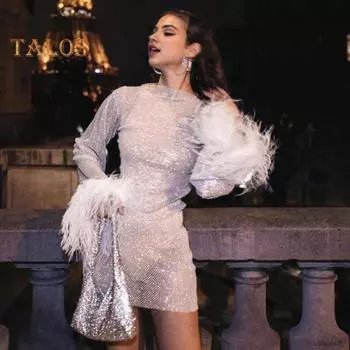 Сексуальное блестящее вечернее платье с меховой отделкой на манжетах, круглым вырезом, длинными рукавами, прозрачным облегающим платьем S белый