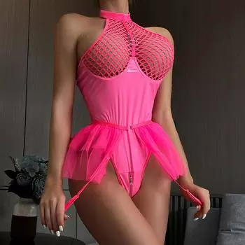 Сексуальное боди, комплект нижнего белья, сетчатый Холтер, женский комплект нижнего белья с открытой промежностью, юбка-пончо, эротическое белье, порно костюмы S