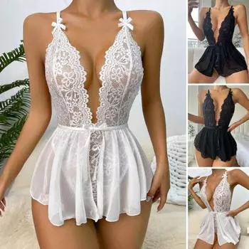 Сексуальное боди с низким вырезом, глубоким V-образным вырезом, без рукавов, прозрачное кружево, сетка, крест на спине, цветочная вышивка, декор с бантом, регулируемый ремень-спагетти M белый