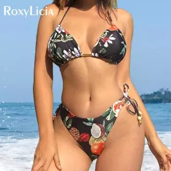 Сексуальное бразильское бикини с принтом на бретельках, женские купальники, женский купальник, комплект бикини из двух частей, купальный костюм, купальный костюм для леди S чёрный