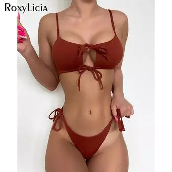 Сексуальное бразильское бикини в рубчик на шнуровке, женский купальник, женский купальник из двух частей, комплект бикини, купальный костюм для плавания S синий