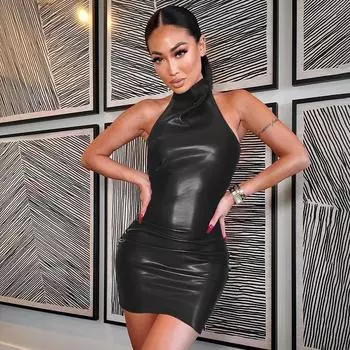 Сексуальное бюстье без бретелек, тонкое платье на бедрах, однотонная короткая юбка из искусственной кожи с ремешками L чёрный