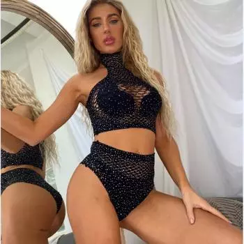 Сексуальное цельное боди со стразами, сетчатое боди с длинными рукавами, платье со стразами и бриллиантами, нижнее белье S-XXXL