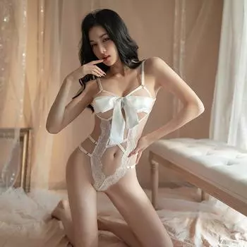 Сексуальное цельное кружевное прозрачное любовное женское боди на бретельках-бантиках, кружевное соблазнение, страсть, молоко one size fits all
