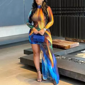 Сексуальное цельное платье с ярким принтом, женская модная одежда с длинными рукавами, шикарная лоскутная праздничная клубная одежда Y2K S синий