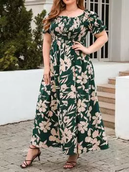 Сексуальное цельное платье с цветочным принтом, женское платье с квадратным вырезом для отпуска, пляжное платье макси, женское модное повседневное платье с пышными рукавами и рюшами 2024 XL чёрный