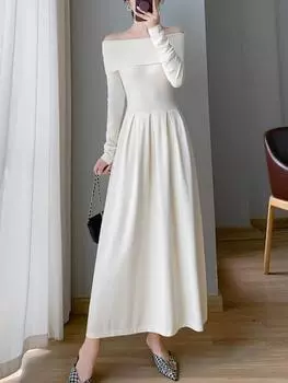 Сексуальное цельное платье с открытыми плечами, женское новое однотонное элегантное тонкое трикотажное длинное платье, корейский шикарный дизайнер, повседневная одежда для вечеринок S чёрный