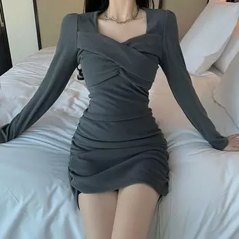 Сексуальное черное мини-платье с оборками, женское зимнее винтажное платье с длинным рукавом, нестандартный дизайн, высокая талия, повседневное вечернее платье, новое S серый