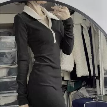 Сексуальное черное мини-платье Женское корейское уличное платье Повседневное трикотажное платье с воротником-поло на пуговицах с длинным рукавом и корсетом Женские платья-трапеции Хит 2022 года S чёрный