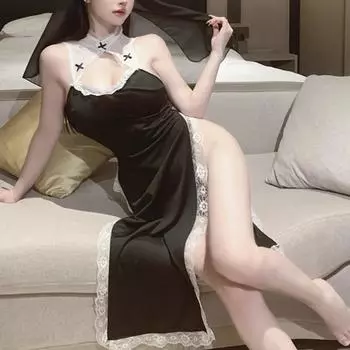 Сексуальное черное платье косплей монахиня наряд аниме костюм на Хэллоуин ингери комплект высокая вилка перспектива женское нижнее белье спальное платье One Size