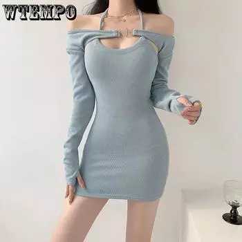 Сексуальное чистое сексуальное платье, сладкое и пряное ретро-контрастное платье с висячим вырезом, юбка для похудения с открытой талией, сексуальная юбка с открытыми плечами и бедрами S чёрный