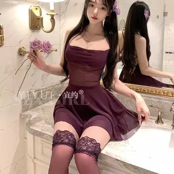 Сексуальное чистое желание сексуальная фиолетовая ночная сорочка большого размера королевская сестра красивая спинка бретельки перспектива соблазнительная пижама 1168 one size fits all